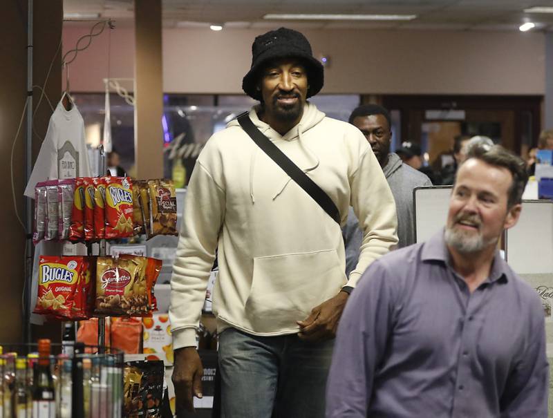 Retired Chicago Bulls star Scottie Pippen walks into The International House of Wine and Cheese, at 11302 Route 12, in Richmond, to sign a bottlesof his Digits bourbon on Thursday, Feb. 9, 2023.