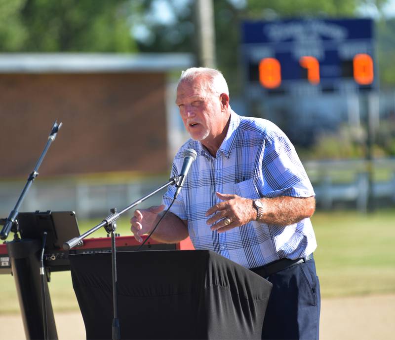 Retired MLB umpire Larry Young speaks to the crowd during a Friday, June 14, 2024 dedication ceremony naming the field at Lion's Park in Young's honor,.Young grew up in Oregon and started his umpiring career calling games for the Oregon Park District at Lions Park.