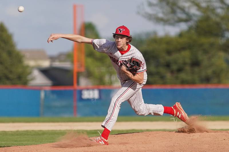 Yorkville's Carter Schaffner (6) delivers a pitch against Oswego during a baseball game at Oswego High School on Monday, April 29, 2024.