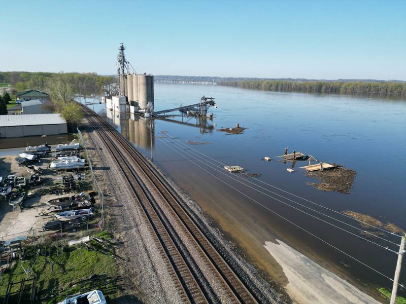 Photos using a drone taken by and provided by the Carroll County Sheriff's Office show Mississippi River at Savanna on Monday, April 24, 2023. Waters are expected to crest sometime around May 1.