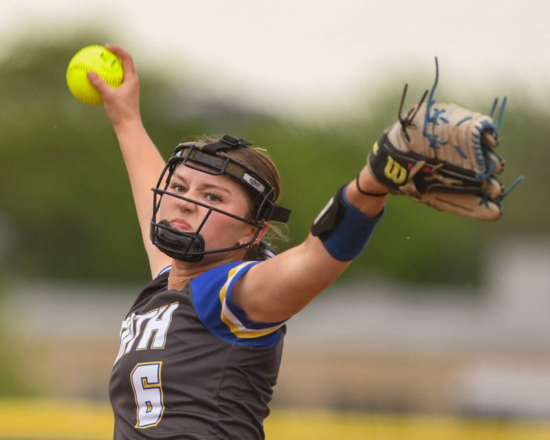 Wheaton North's Erin Metz (6) pitches during the game on Monday May 13, 2024, held at Wheaton North High School while taking on Glenbard North.