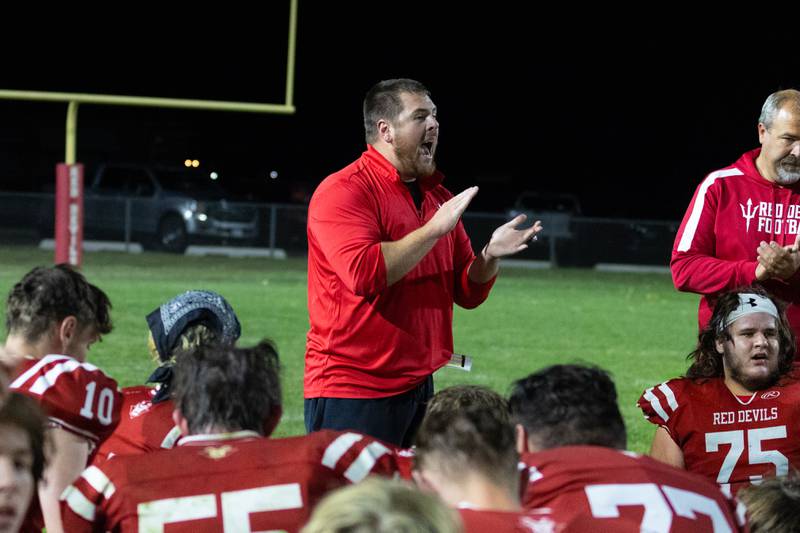 Coach Larson of Hall celebrates win on Friday, October 18, 2024 at Richard Nesti Stadium in Spring Valley.