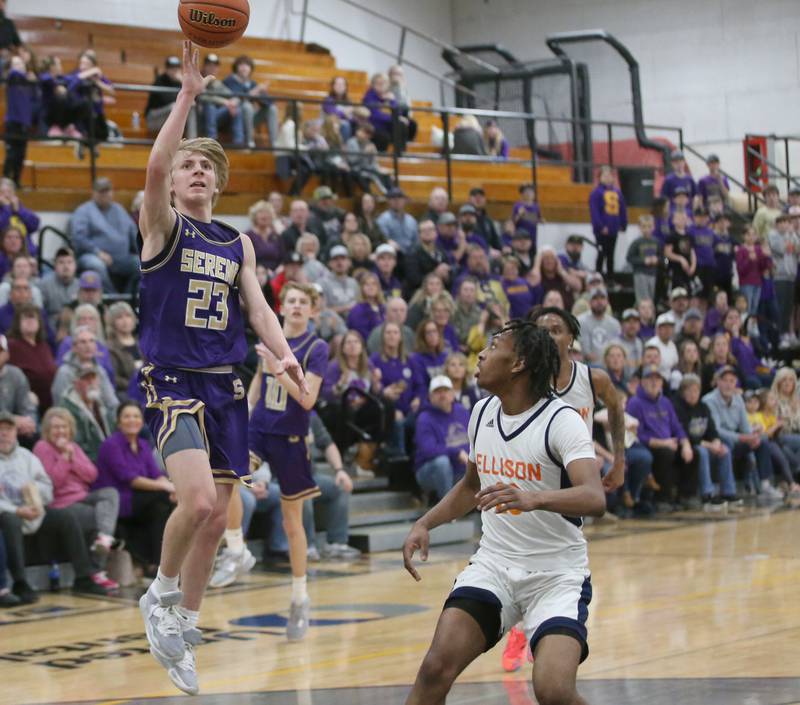 Serena's Tanner Faivre shoots a jump shot over Ellison's Anthony Horton during the Class 1A Sectional semifinal on Tuesday, Feb. 28, 2023 at Putnam County High School.