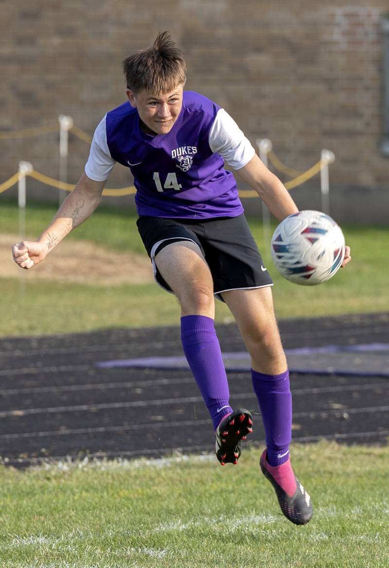 Dixon’s Landon Aldridge takes a shot on goal Wednesday, Sept. 11, 2024, at EC Bowers field in Dixon.