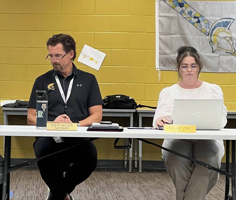 Sycamore Superintendent Steve Wilder, sitting next to Sycamore Community School District 427 board of education secretary Kellie Vinz, said during an Aug. 27, 2024 board meeting that he plans to hold meetings about referendums that impact the school over the next couple of months ahead the Nov. 5 general election.