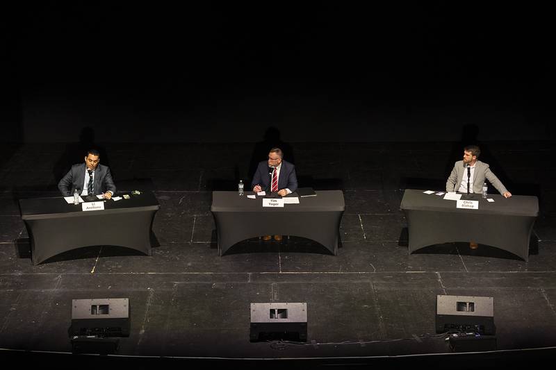 Li Arellano (left), Tim Yager and Chris Bishop are vying for the 37th Senate District seat of Illinois being vacated by Win Stoller. Discover Dixon hosted a candidate forum Thursday, Feb. 22, 2024, at The Dixon: Historic Theatre.