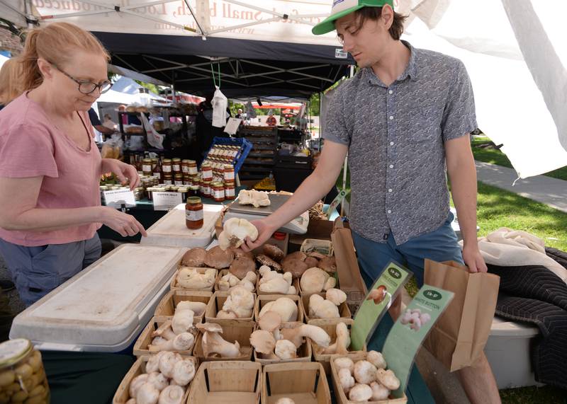 Wendy Maggin of LaGrange buys mushrooms from Colton Lieske of River Valley Ranch Wisconsin during the LaGrange Farmers Market Thursday June 7, 2024.