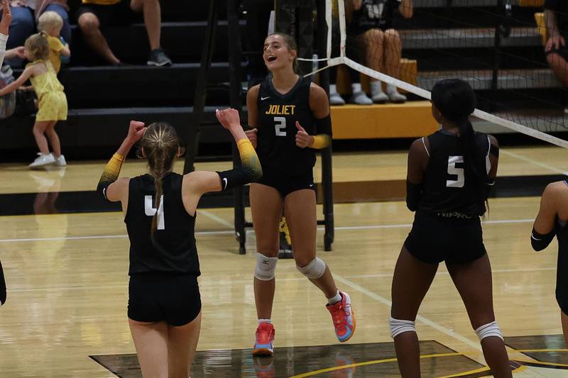 Joliet West’s Lexie Grevengoed celebrates her game winning kill against Romeoville on Thursday, Sept. 5, 2024 in Joliet.