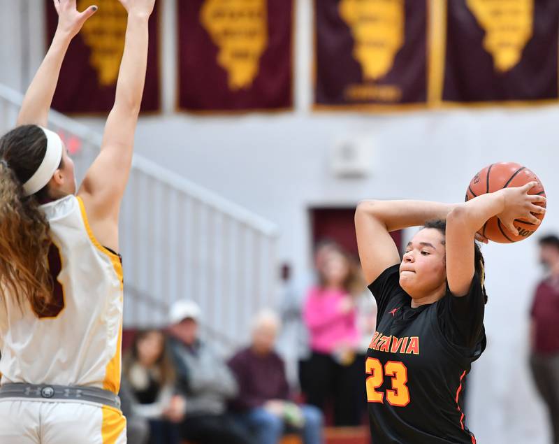 Batavia's Addie Prewitt (23) starts to pass during a Coach Kipp Hoopsfest game against Loyola Academy on Jan. 13, 2024 at Montini Catholic High School in Lombard.