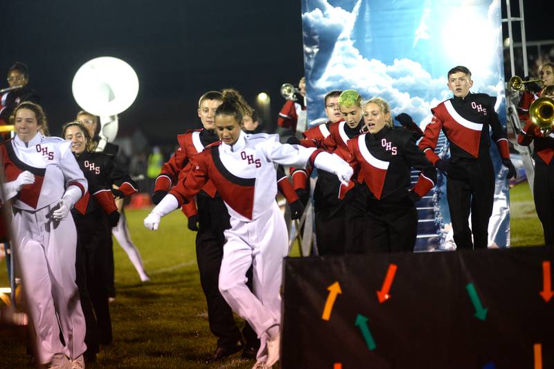 Members of the Oregon High School Mrching Band dance during halftime of the football game with Byron on Friday, Sept. 22, 2023 during Homecoming week.