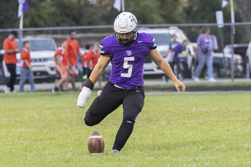 Dixon’s Caleb Carlson kicks off against Stillman Valley Friday, Aug. 30, 2024 at Dixon High School.