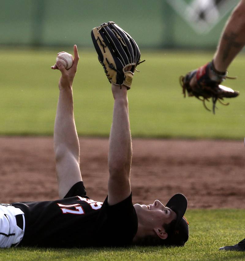 Crystal Lake Central's Connor Gibour celebrates the final out and defeating Deerfield 6-2 in the Class 3A Grayslake Central sectional championship baseball game on Friday, May 31, 2024, at the Grayslake Central High School.