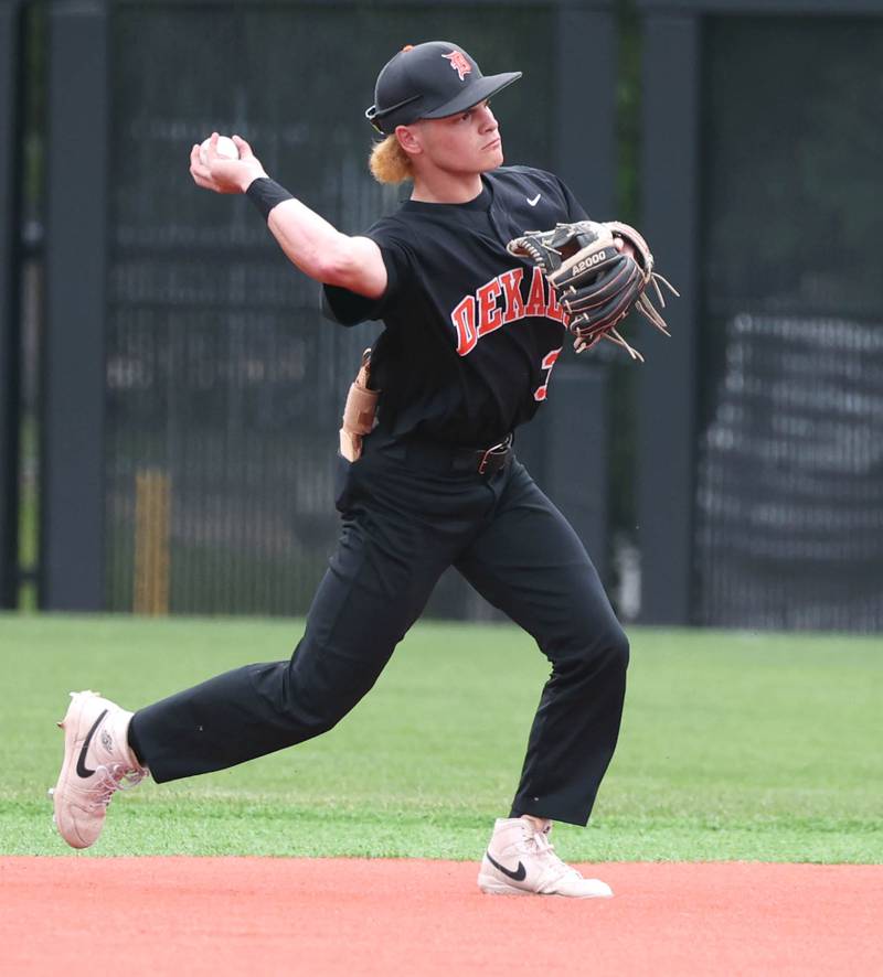 DeKalb's Nikolas Nelson throws to first to record an out during their Class 4A DeKalb Regional championship game against Huntley Friday, May 24, 2024, at Ralph McKinzie Field at Northern Illinois University in DeKalb.