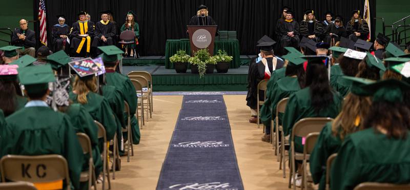 Kishwaukee College president Laurie Borowicz addressing the college's spring 2024 commencement ceremony