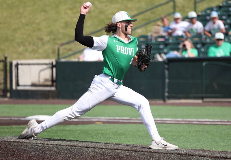 Providence Catholic's Cooper Eggert delivers a pitch during their Class 4A state semifinal game against Edwardsville Friday, June 7, 2024, at Duly Health and Care Field in Joliet.