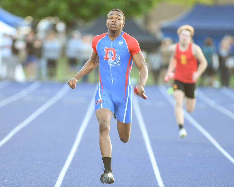 Oreoluwa Sobodu of Dundee-Crown anchored the 4x200 meter relay coming in first of the heat during the Kane County track and field meet held at Marmion Academy in Aurora on Friday May 3, 2024.