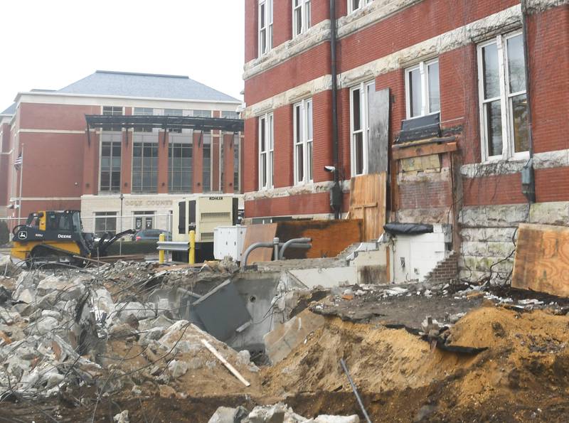 Demolition of the old Ogle County Jail in downtown Oregon continues. The 1960s-era jail was connected to the Ogle County Courthouse via a basement pathway (seen here by the white door) through which prisoners were escorted to the courthouse for hearings.