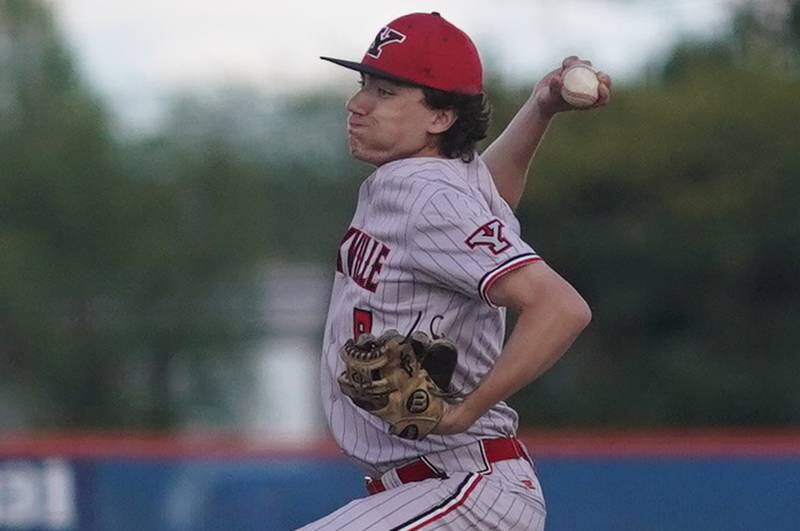 Yorkville's Jacob Cronshaw (8) delivers a pitch against Oswego during a baseball game at Oswego High School on Monday, April 29, 2024.