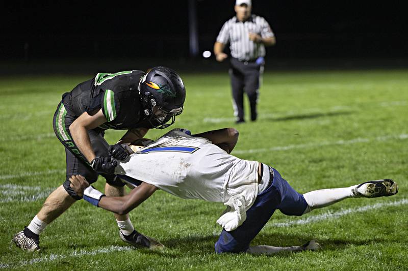 Rock Falls’ Javes Velazquez sacks Rockford Christian QB Jaden Williams Friday, Sept. 22, 2023 in Rock Falls.