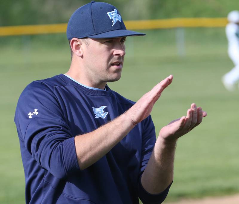 Bureau Valley head baseball coach Ryan Schisler applauds his team on Monday, May 1, 2023 at St. Bede Academy.