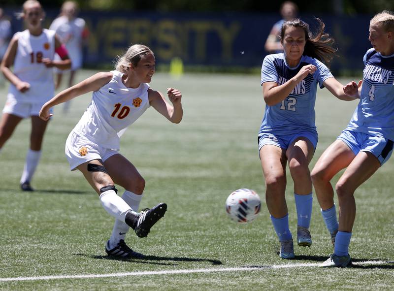 Richmond-Burton's Maddie Seyller (10) takes a shot at goal during the Class 1A Dominican super-sectional between Willows Academy and Richmond-Burton HS in River Forest on Saturday, May 25, 2024.