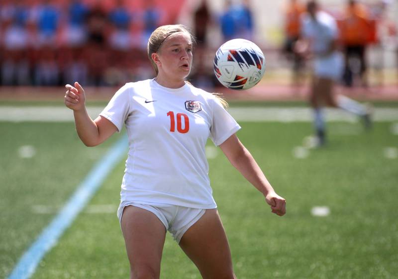 Crystal Lake Central’s Brooklynn Carlson gets control of the ball during the Class 2A state semifinal game against Burlington Central at North Central College in Naperville on Friday, May 31, 2024.