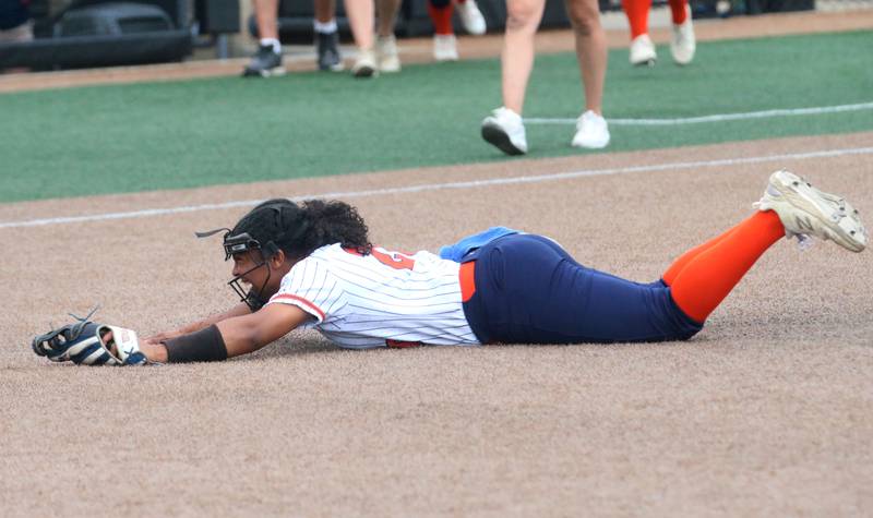 Oswego pitcher Jaelyn Anthony reacts after defeating Mundelein uring the Class 4A third place game on Saturday, June 8, 2024 at the Louisville Slugger Sports Complex in Peoria.