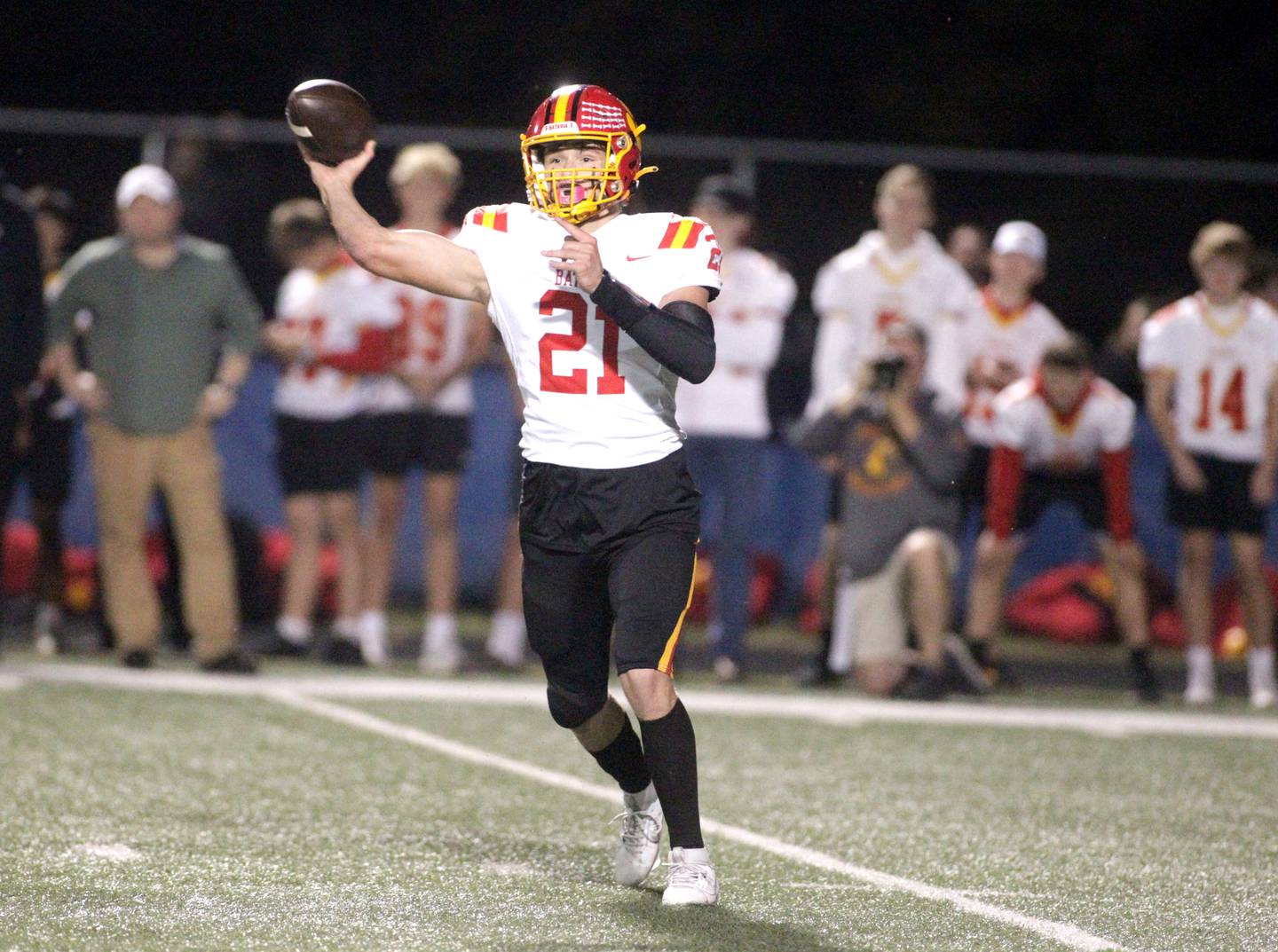 Batavia quarterback Ryan Boe throws the ball during a game against Batavia in Geneva on Friday, Sept. 29, 2023.