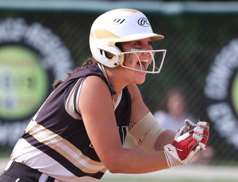 Sycamore's Kairi Lantz celebrates after hitting a double during their Class 3A supersectional game Monday, June 3, 2024, against Antioch at Kaneland High School in Maple Park.