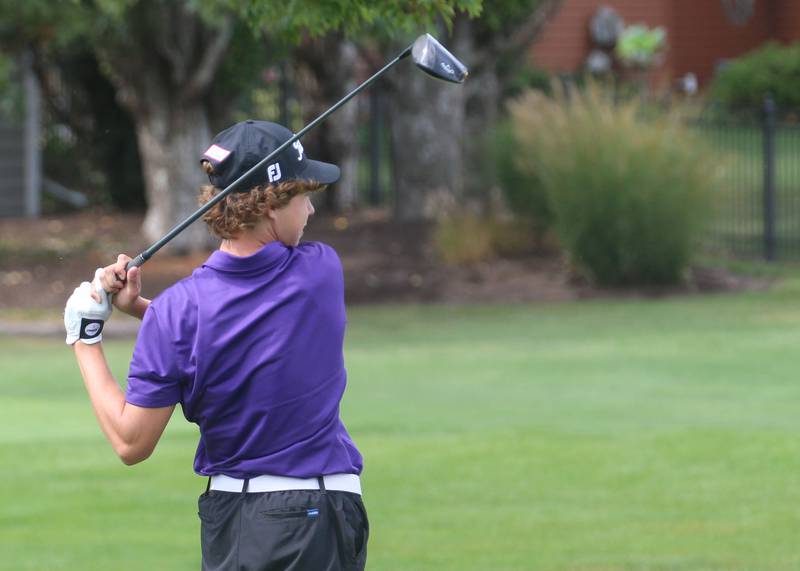 Dixon's Ben Oros tees off during the Pirate Invitational golf meet on Monday, Sept. 16, 2024 at Deer Park Golf Course in Oglesby.