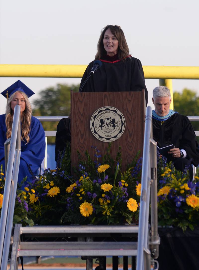 President of the Lyons Township Board of Education Jill Grech gives a welcome speech for the 2024 graduation class Wednesday May 29, 2024.