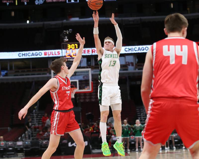 Seneca's Paxton Giertz shoots a jump shot over Streator's Zander McCloskey during a game on Tuesday, Dec. 21, 2023 at the United Center in Chicago.