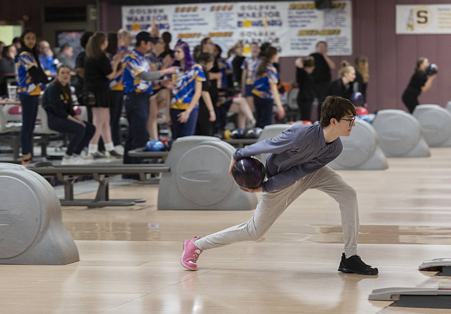 Dixon bowler Clark Bonnewell fires a ball down the lane while practicing for the weekend’s IHSA bowling tournament Wednesday, Jan. 24, 2024.