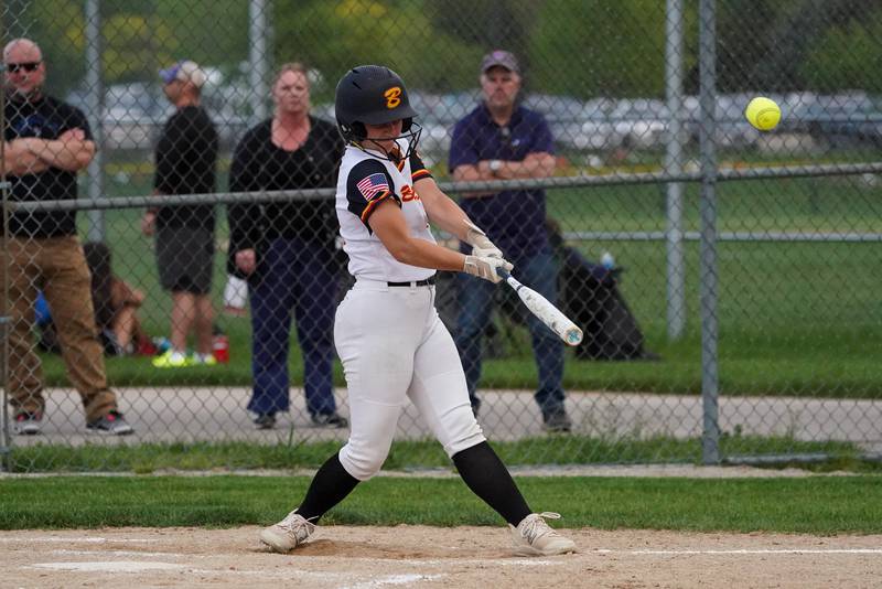 Batavia’s Bella Zagotta (21) homers against Geneva during a softball game at Batavia High School on Wednesday, May 8, 2024.