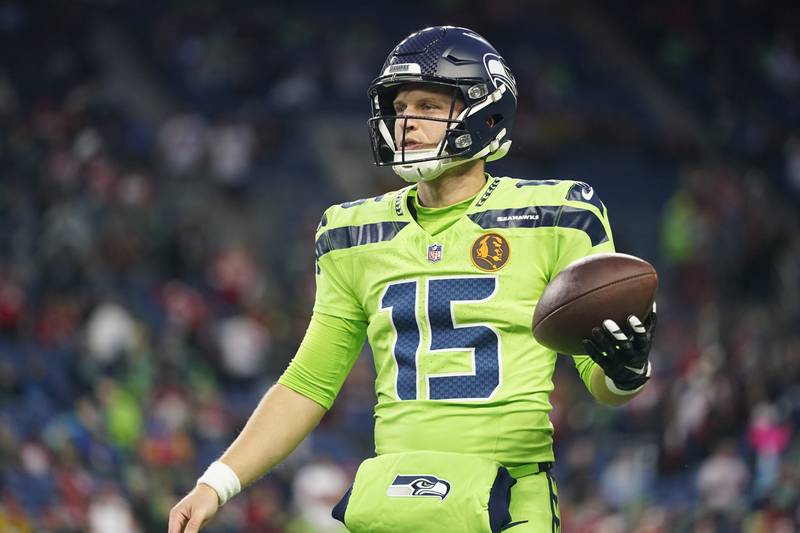 Seattle Seahawks quarterback Brett Rypien warms up before a game against the San Francisco 49ers, Thursday, Nov. 23, 2023, in Seattle. The 49ers won 31-13.