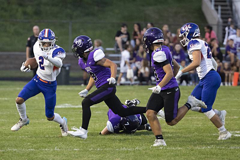 Genoa-Kingston’s Tyler Atterberry takes the opening kickoff Thursday, Sept. 14, 2023 in a game at Dixon High School.