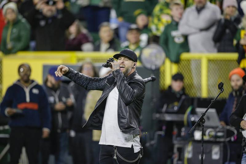 Brantley Gilbert performs during halftime of the Green Bay Packers-Detroit Lions game Oct. 14 in Green Bay, Wisconsin.