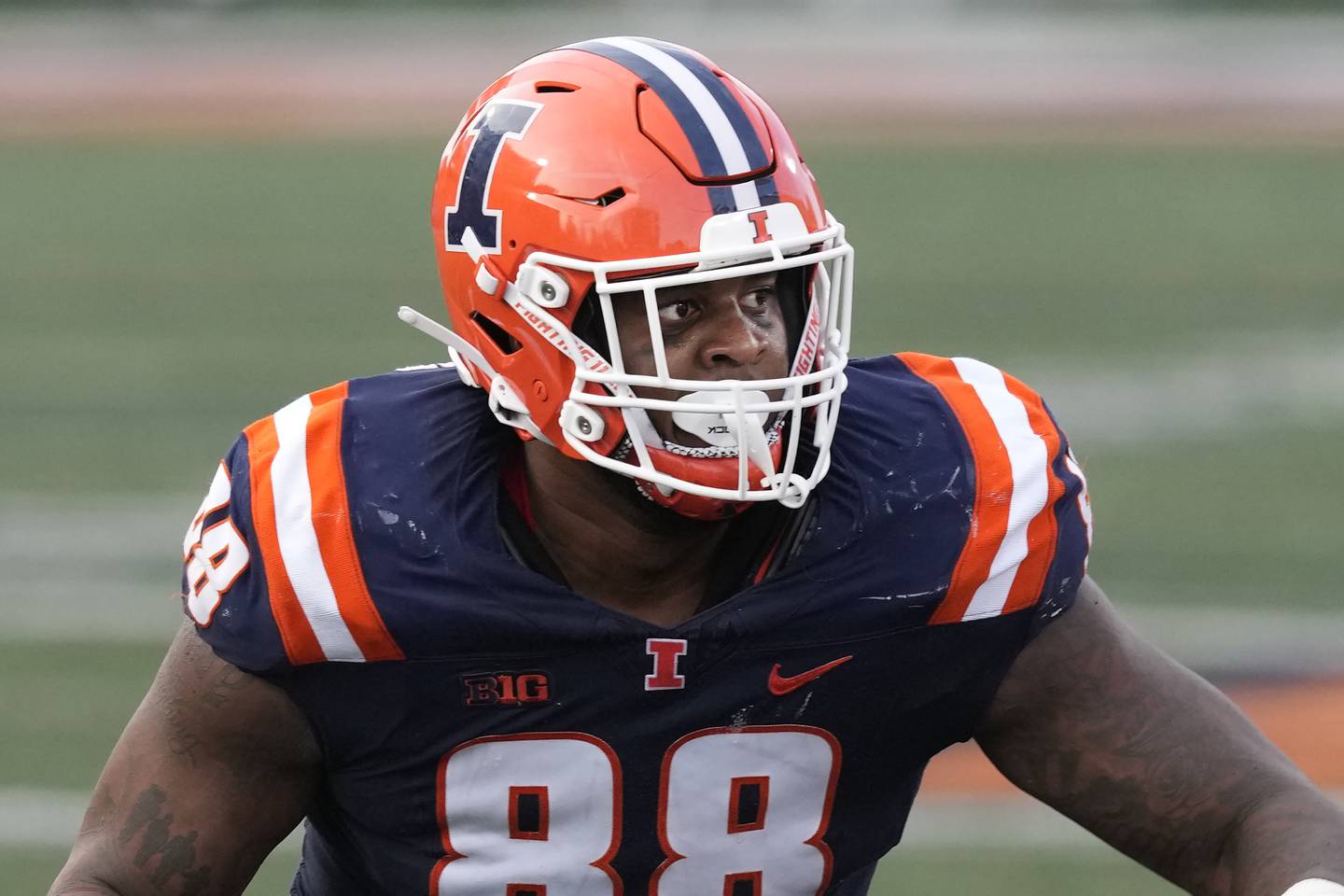 Illinois defensive lineman Keith Randolph Jr. plays around the line of scrimmage during a 2023 NCAA college football game against Florida Atlantic in Champaign, Ill.