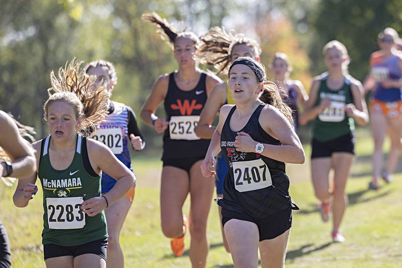 Erie-Prophetstown’s Jessie DeNeve competes in the 50th Amboy Columbus Day Cross Country Invite Monday, Oct. 9, 2023. Link took 6th.