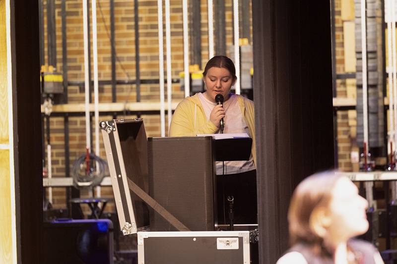 Anna Hutchinson narrates her Sterling High School contest play group’s work during rehearsal Wednesday, March 15, 2023 ahead of this weekend’s sectional. A contest play is a 40 minute limit play performance. Groups also have fifteen minutes before and after for set up and set removal.