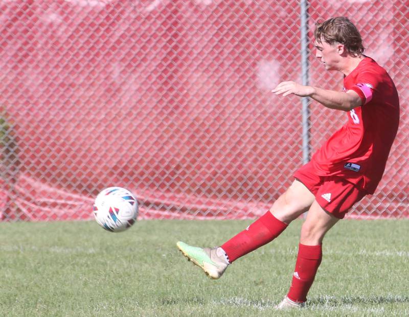 Streator's Noah Russow kicks the ball out of the box against Mendota on Saturday, Aug. 31, 2024 at James Street Recreation Area in Streator.