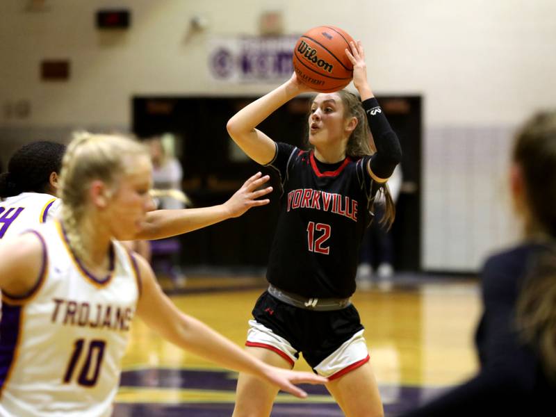 Yorkville’s Lainey Gussman looks to pass the ball during the Class 4A Downers Grove North Regional final against Downers Grove North on Thursday, Feb. 15, 2024.