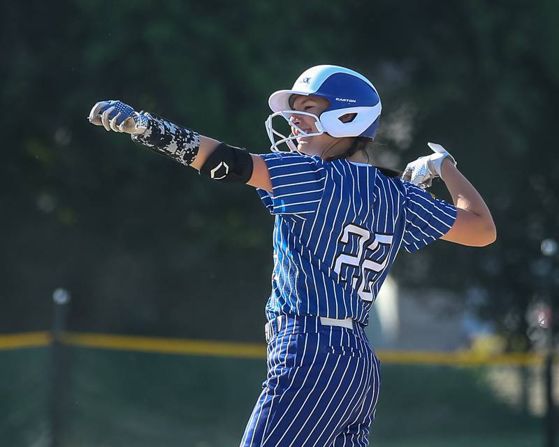 Newark's Adelaide Johnson (22) gestures toward the dugout after hitting a double during Class 1A Newark Regional final game between St. Edwards at Newark. May 17th, 2024.