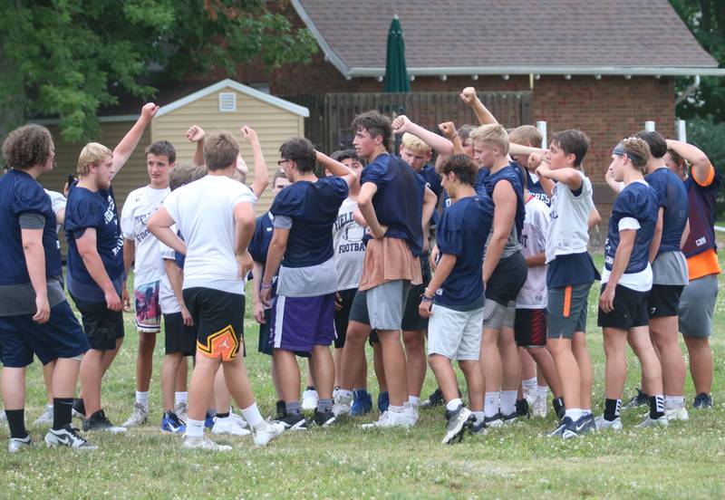 Members of the Fieldcrest football team break out in a huddle on Monday, July 8, 2024 at Fieldcrest High School.