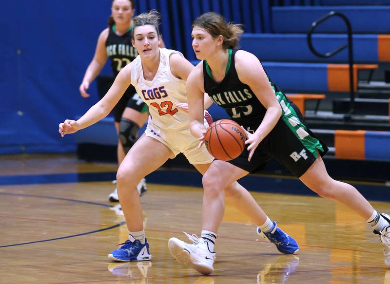 Genoa-Kingston's Regan Creadon plays defense against Rock Falls' Claire Bickett during their game Friday, Feb. 2, 2024, at Genoa-Kingston High School.