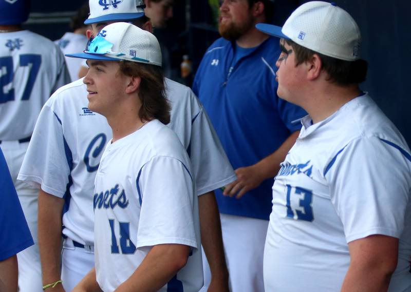 Newman's Garet Wolfe and teammate Cooper Spears cheer on the Comets from the dugout during the Class 2A semifinal game on Friday, May 31, 2024 at Dozer Park in Peoria.