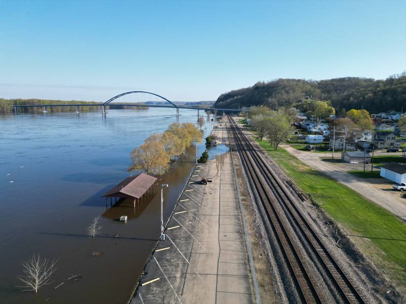 Photos using a drone taken by and provided by the Carroll County Sheriff's Office show Mississippi River at Savanna on Monday, April 24, 2023. Waters are expected to crest sometime around May 1.