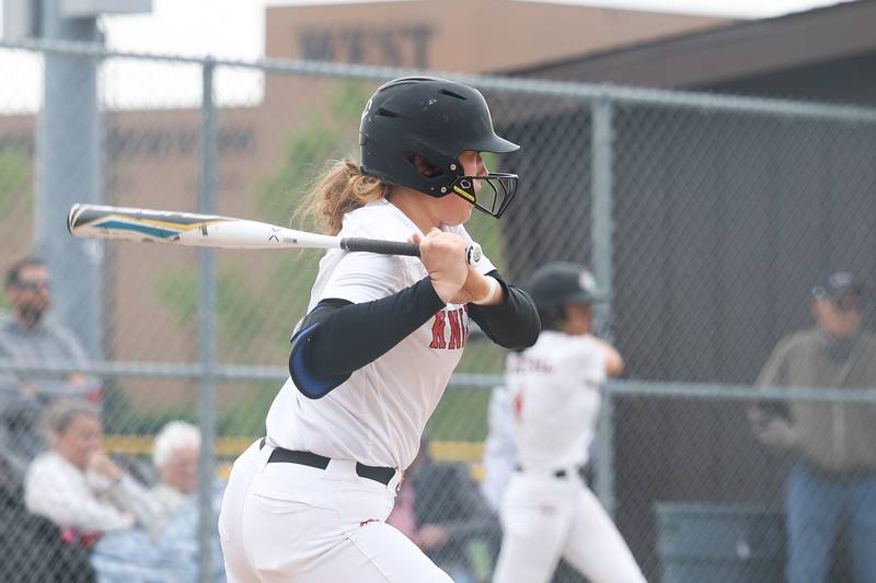Lincoln-Way Central’s Jamiee Bolduc drives in the only run against Lincoln-Way West on Tuesday, May 14, 2024 in New Lenox.