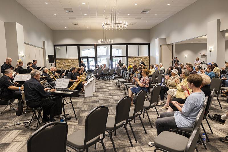 A crowd gathers inside of the McCormick Event Center on Saturday, June 8, 2024, to listen to the Rock River Jazz Band as part of Rock Falls Tourism’s Bellson Fest. The second half of the festival was moved indoors from RB&W park after rain dampened the event.