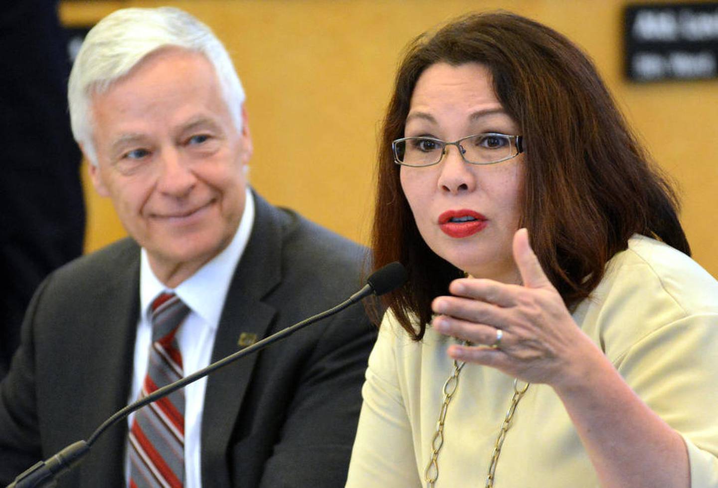 U.S. Rep. Tammy Duckworth speaks alongside Assistant Secretary of Labor for Veterans Employment and Training Michael H. Michaud, during a workshop on improving veterans services Tuesday, June 21, 2016, in the City of Elmhurst, Council Chambers. Topics included public and private grant funding, employment, housing, GI Bill education benefits, and entrepreneurship.